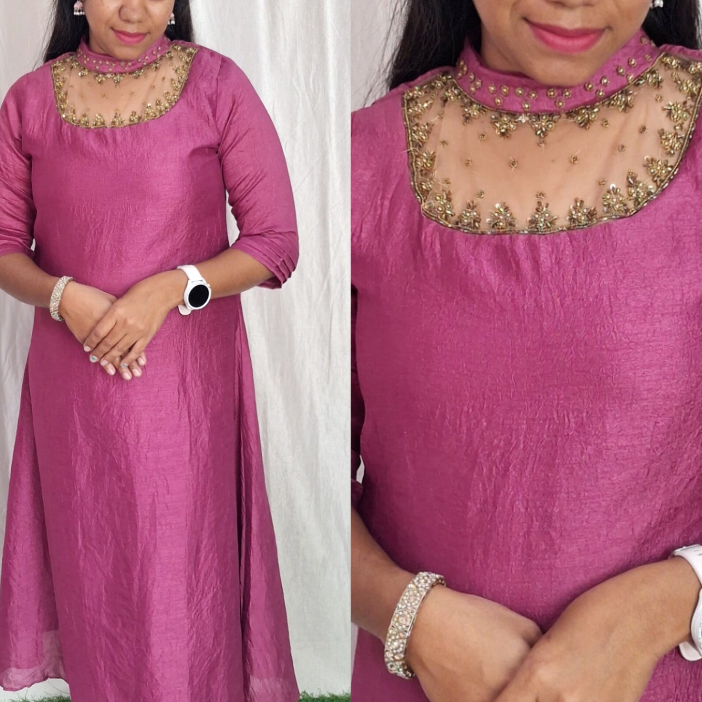 Jewel neck  Handwork Kurti with Lining ( Non Feeding only)