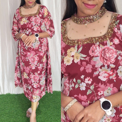 Jewel neck  Handwork Kurti with Lining ( Non Feeding only)