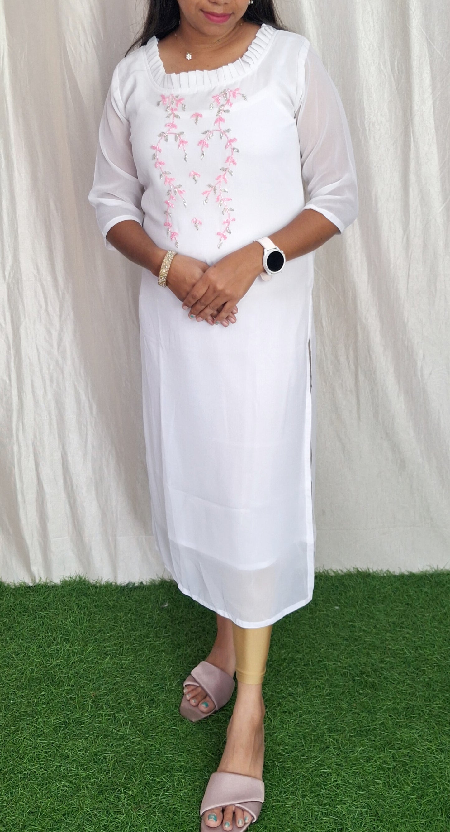 Handwork Georgette Dress with Lining ( Non Feeding only)-049