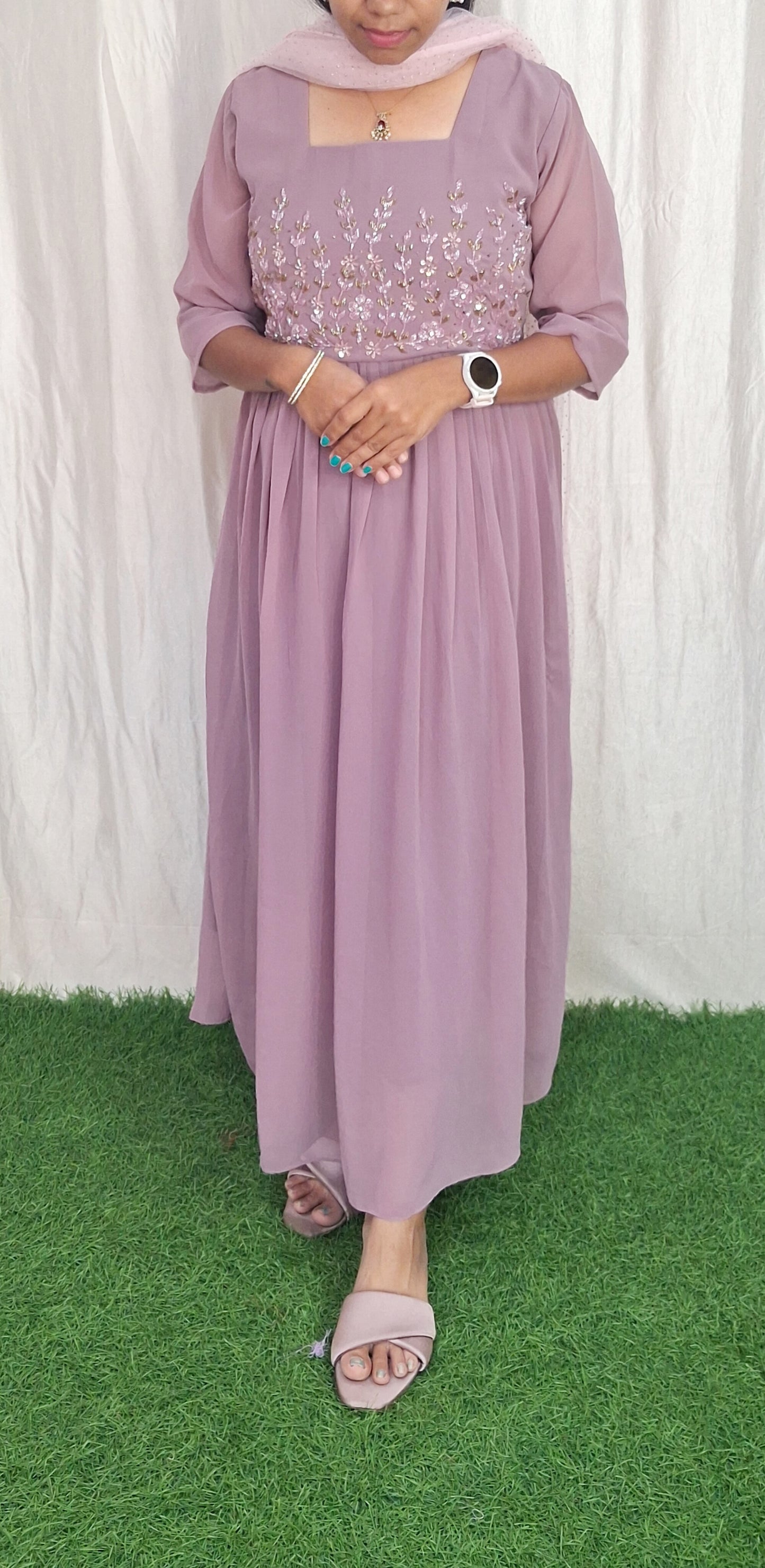 Handwork Georgette Dress with Net Duppata (with Lining) ( Non Feeding only)-039