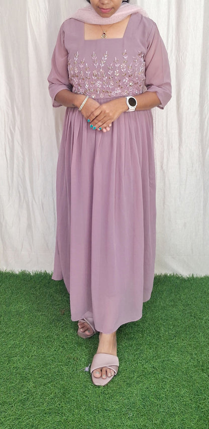 Handwork Georgette Dress with Net Duppata (with Lining) ( Non Feeding only)-039