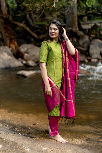 Premium Raw Silk Salwar Set-(Top,Bottom,Duppatta)- Feeding/Non Feeding-Green FC0420