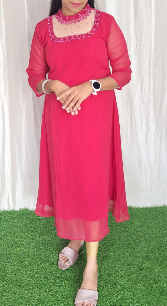 Buy 1 Get 1 Free Jewel neck  Handwork Kurti with Lining ( Non Feeding only)