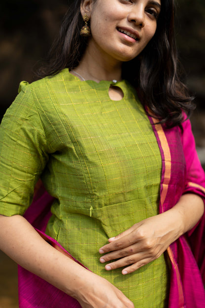 Premium Raw Silk Salwar Set-(Top,Bottom,Duppatta)- Feeding/Non Feeding-Green FC0420
