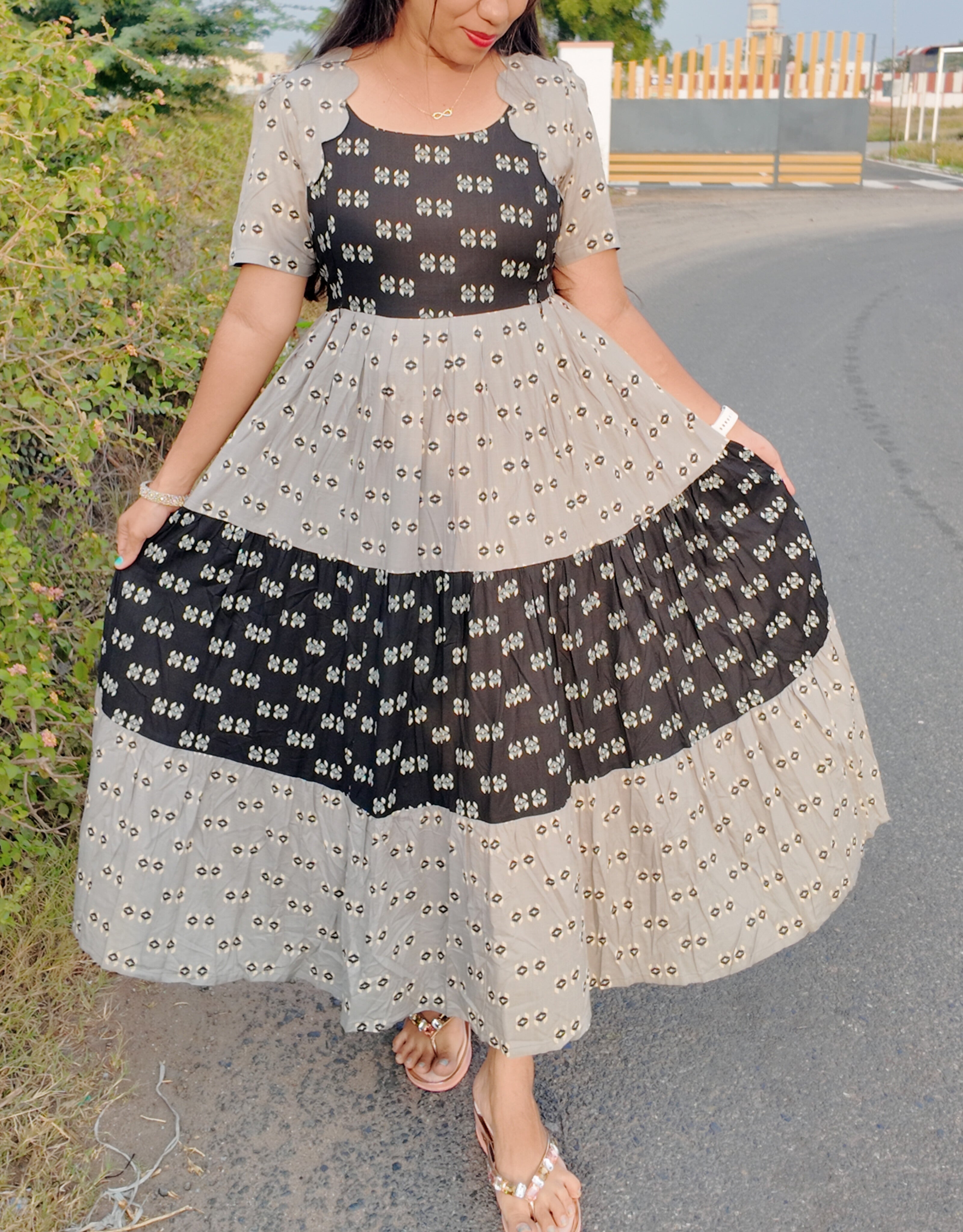 Black/Grey-Premium Cotton Blend Flex Fabric  Maxi with Cotton lining 025