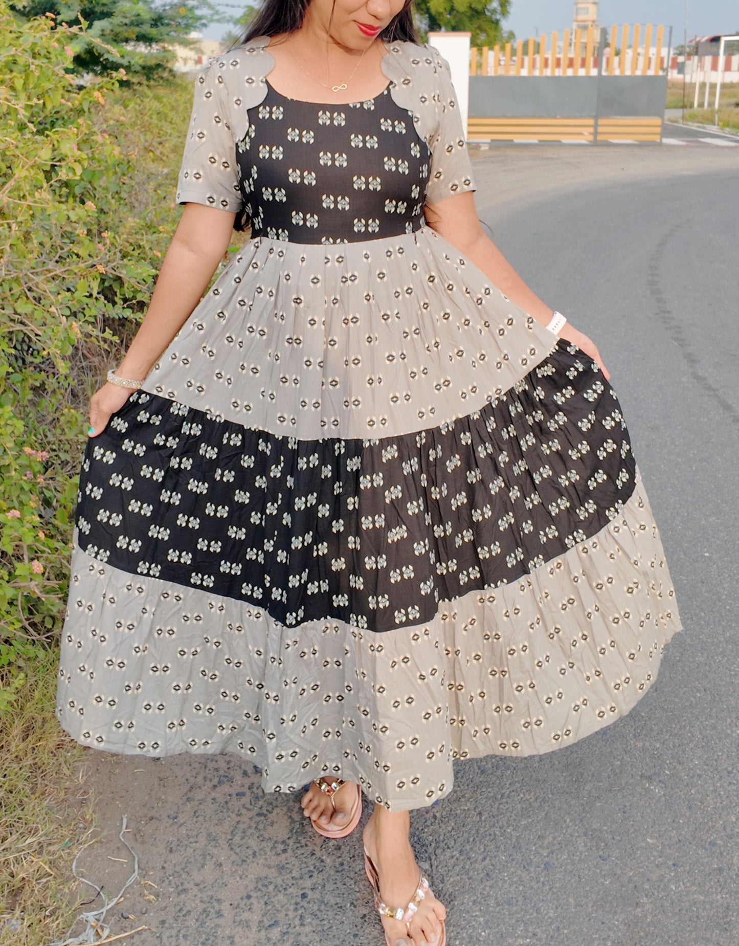 Black/Grey-Premium Cotton Blend Flex Fabric  Maxi with Cotton lining FC0146