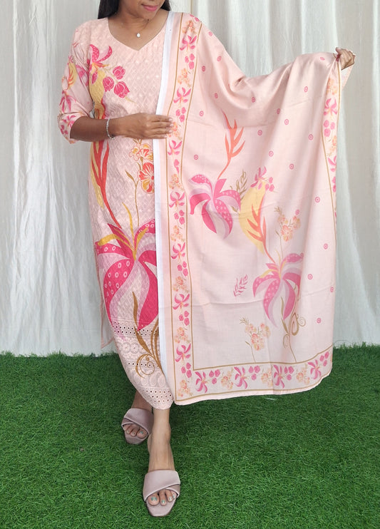 Buy 1 Get 1 Free Chikan Cotton Kurti with Duppata (with Lining) ( Non Feeding only)-055