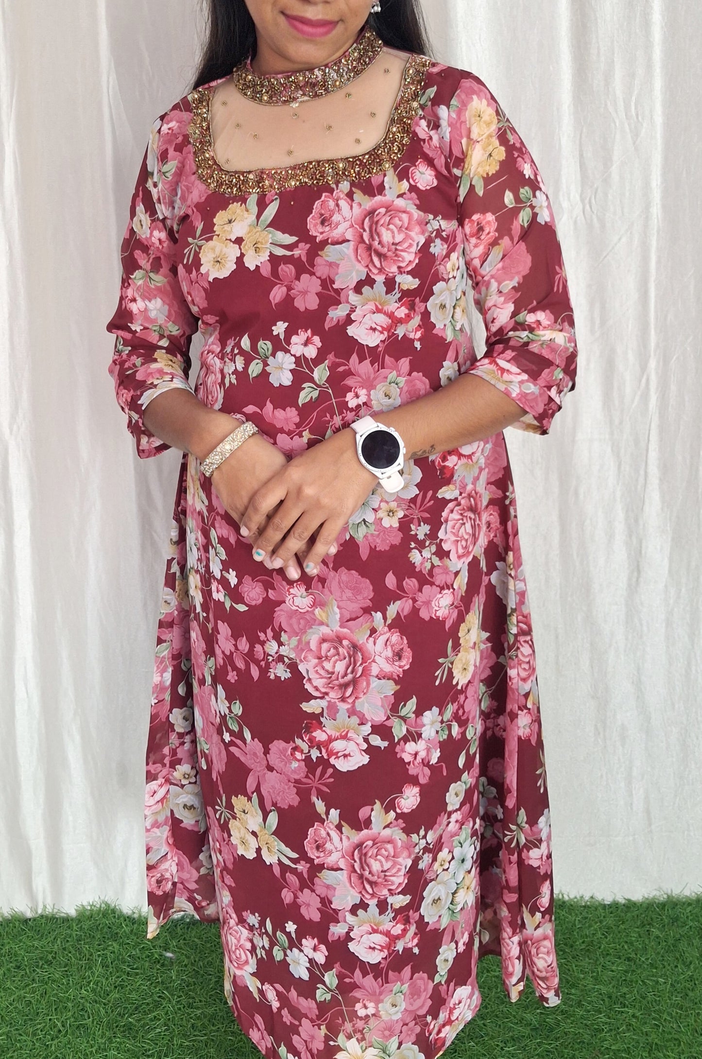 Jewel neck  Handwork Kurti with Lining ( Non Feeding only)