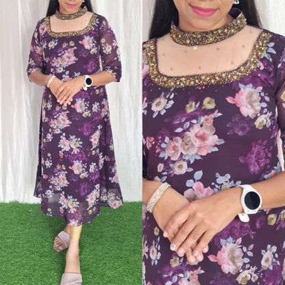 Jewel neck  Handwork Kurti with Lining ( Non Feeding only)-043