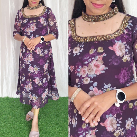 Buy 1 Get 1 Free Jewel neck  Handwork Kurti with Lining ( Non Feeding only)-043