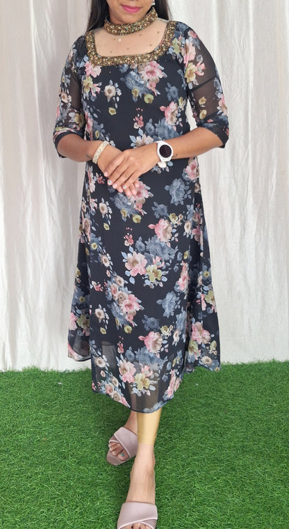 Jewel neck  Handwork Kurti with Lining ( Non Feeding only)-045