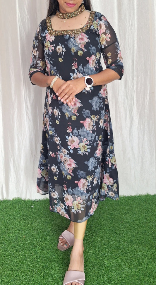Buy 1 Get 1 Free Jewel neck  Handwork Kurti with Lining ( Non Feeding only)-045