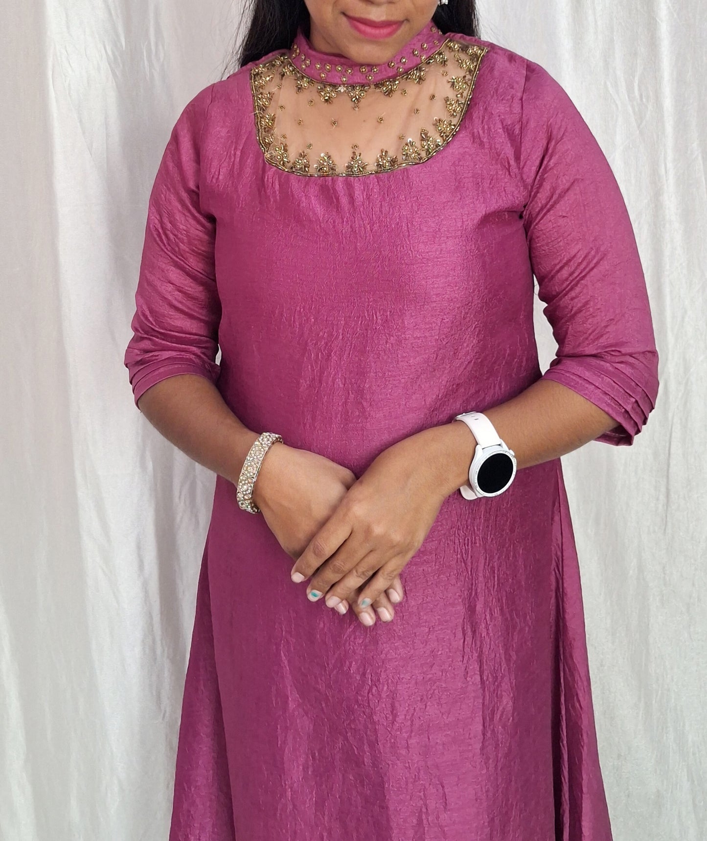 Jewel neck  Handwork Kurti with Lining ( Non Feeding only)