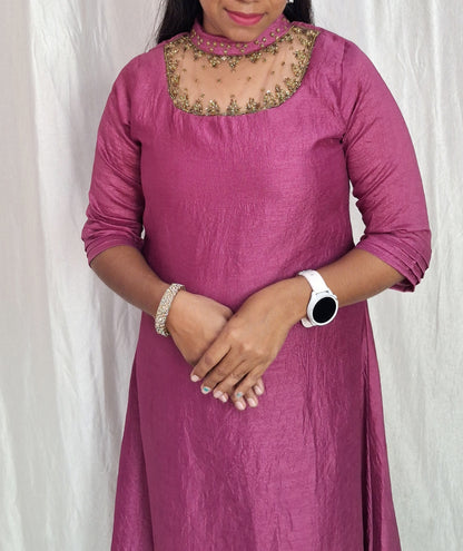 Jewel neck  Handwork Kurti with Lining ( Non Feeding only)