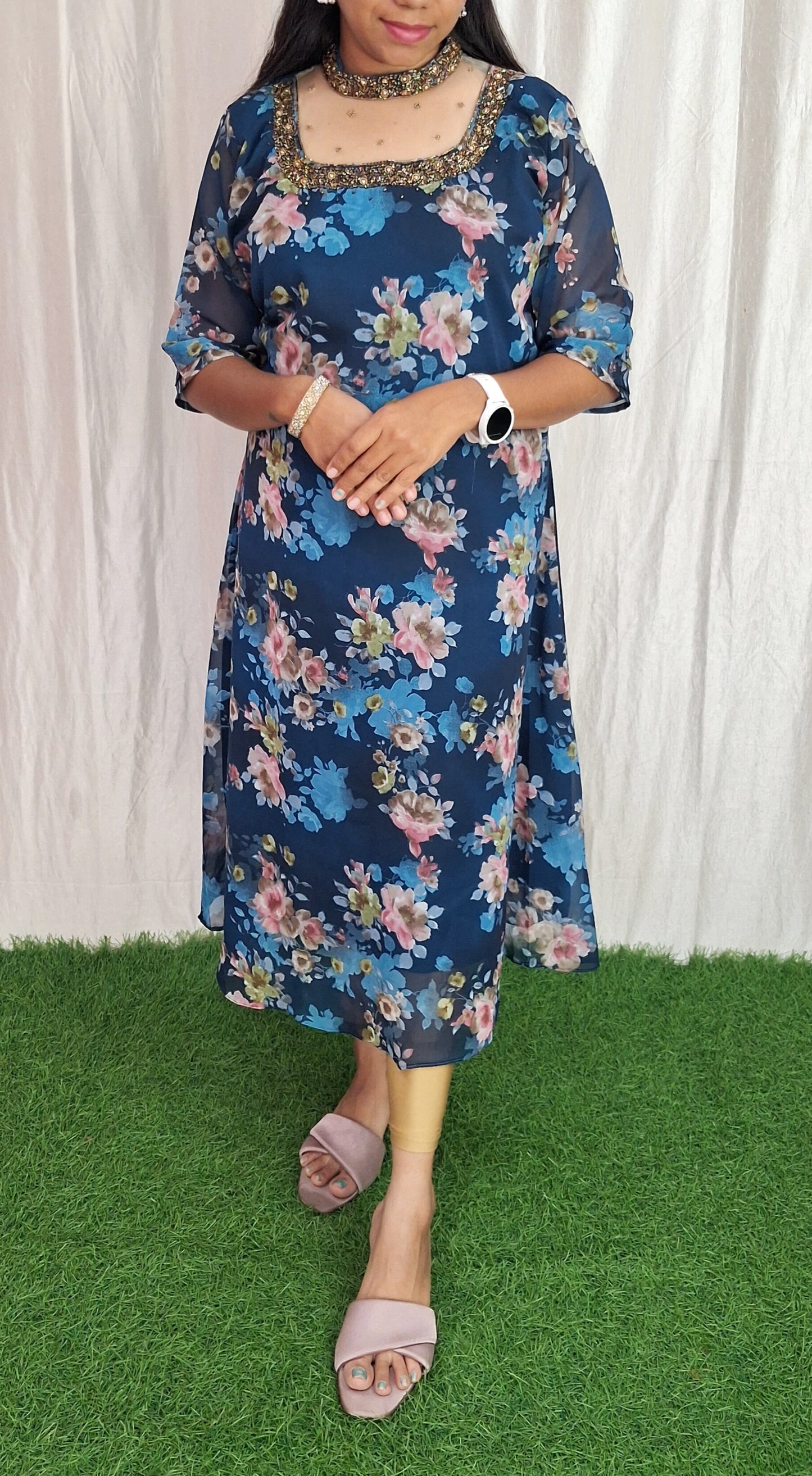 Jewel neck  Handwork Kurti with Lining ( Non Feeding only)