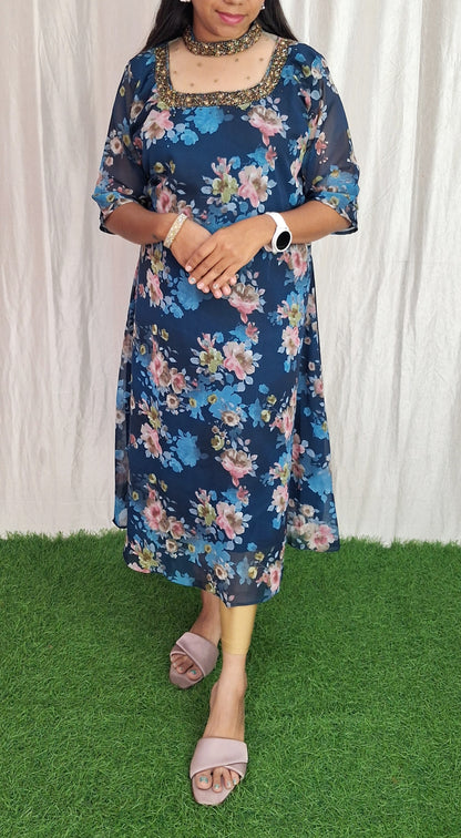Jewel neck  Handwork Kurti with Lining ( Non Feeding only)