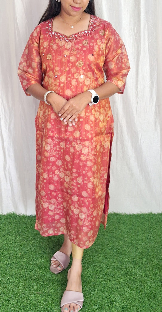 Buy 1 Get 1 Free Handwork Tissue Kurti with Lining ( Non Feeding only)-014