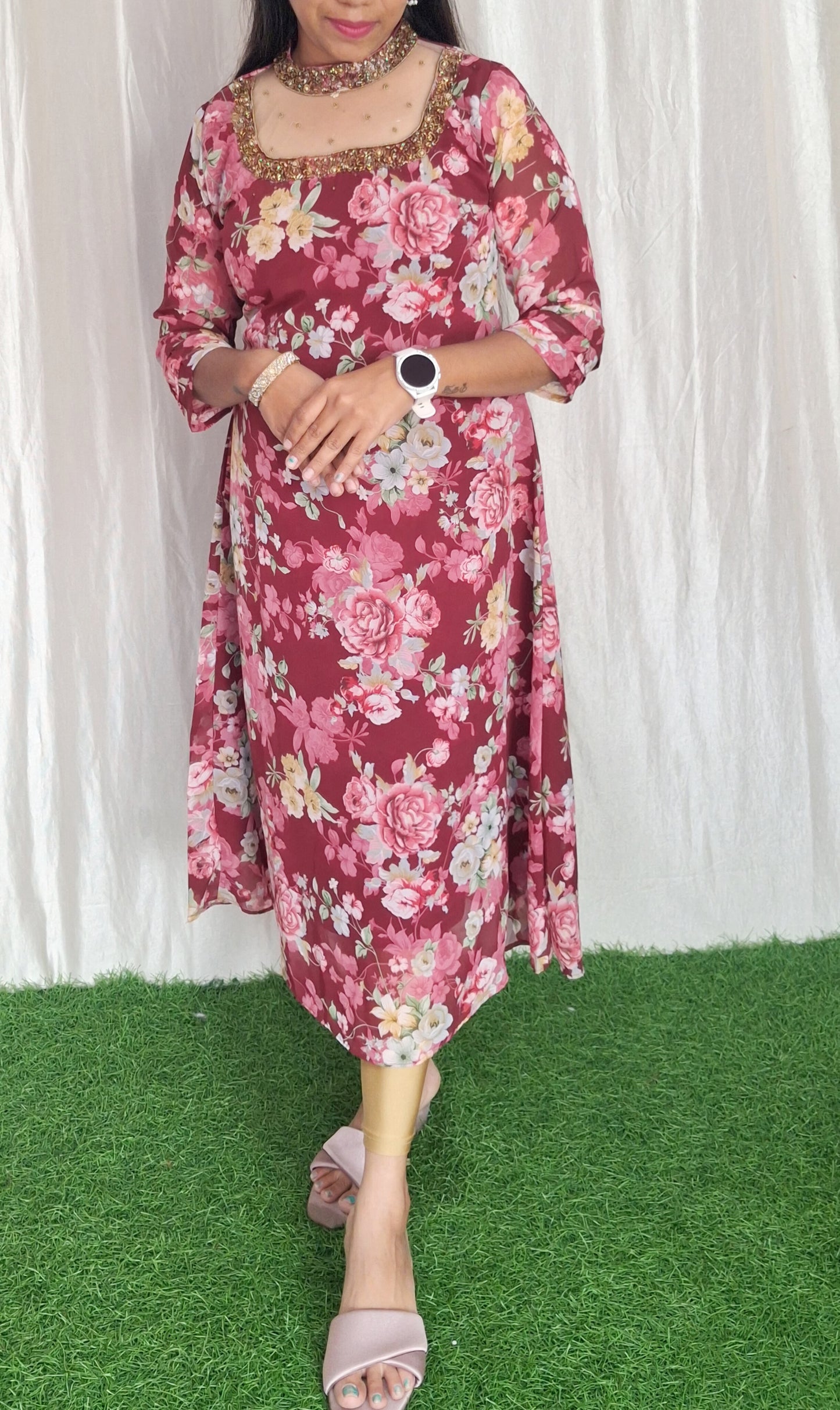 Jewel neck  Handwork Kurti with Lining ( Non Feeding only)