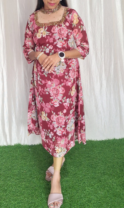 Jewel neck  Handwork Kurti with Lining ( Non Feeding only)