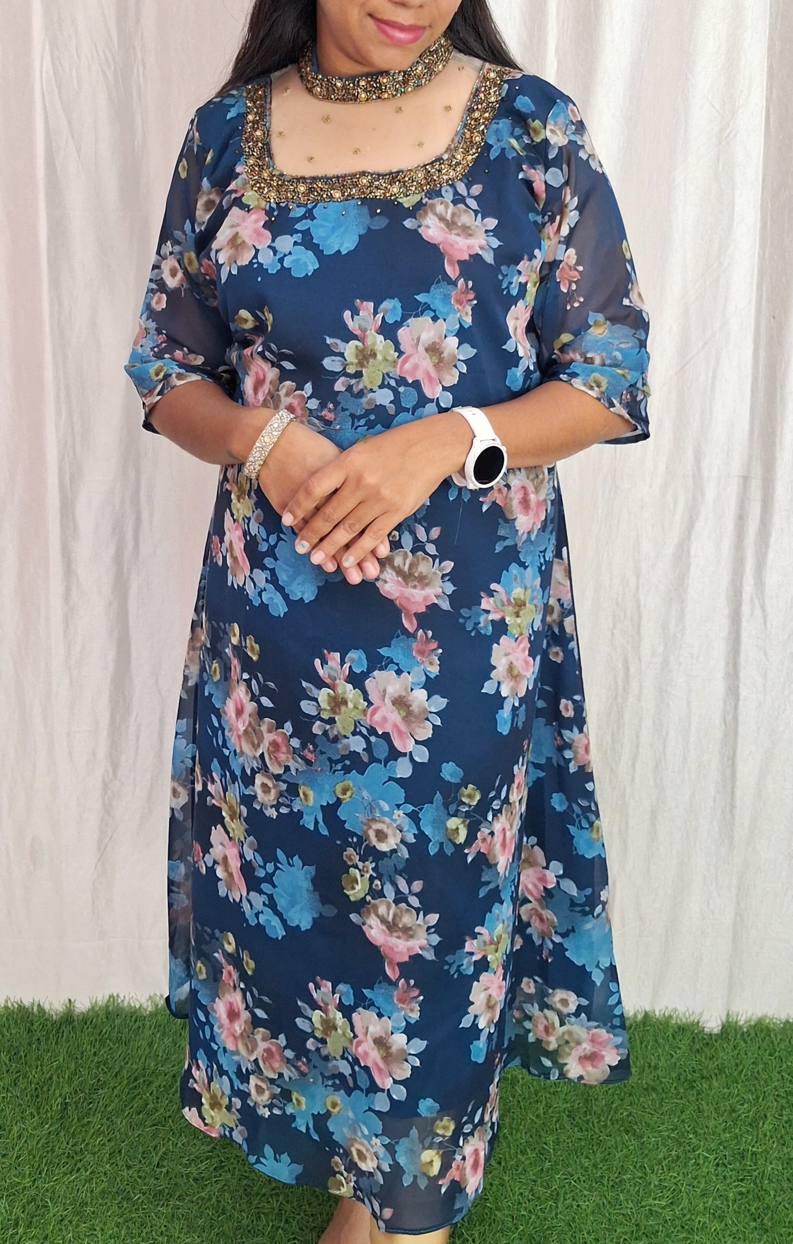 Buy 1 Get 1 Free Jewel neck  Handwork Kurti with Lining ( Non Feeding only)