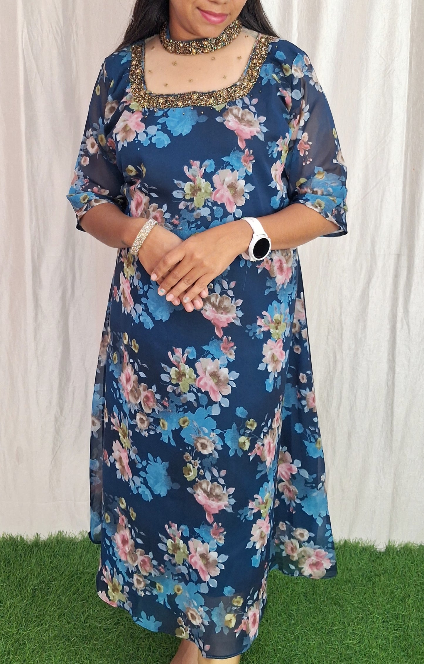 Jewel neck  Handwork Kurti with Lining ( Non Feeding only)